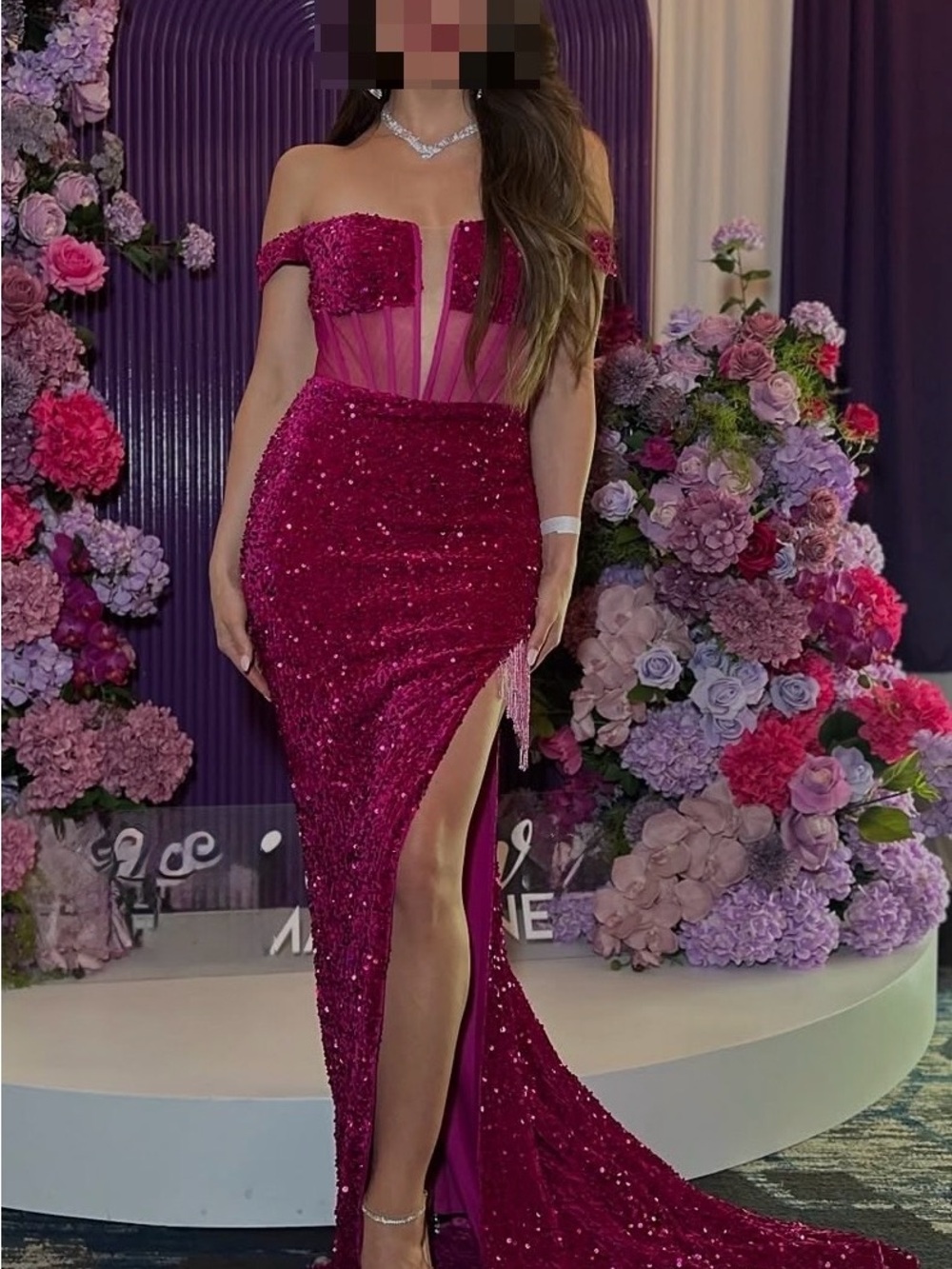 Alyce Paris Off-Shoulder Fuchsia Sequin Mermaid Gown
